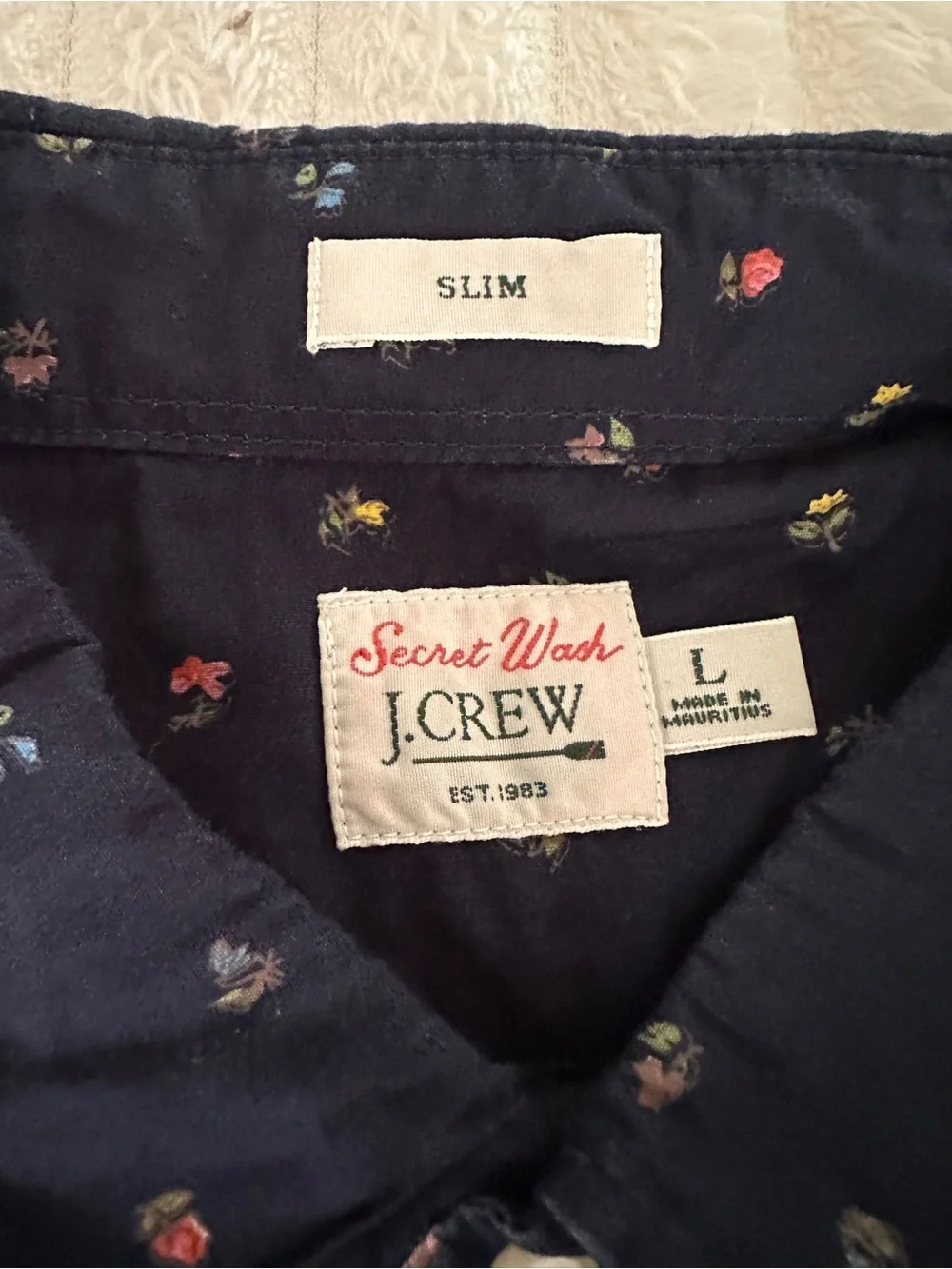 J. Crew Navy Cotton Button-Down Shirt with Small Floral Print Slim Fit